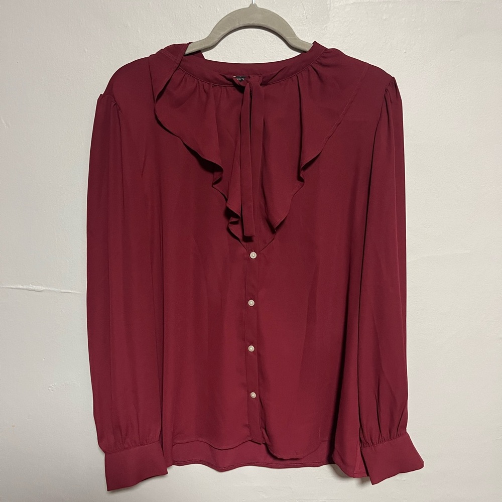 Ann Taylor Maroon Ruffled Bib Collar Blouse